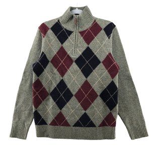 J. Crew Wool Argyle 1/4 Zip Sweater Mens Small S Olive Burgundy Academia Preppy